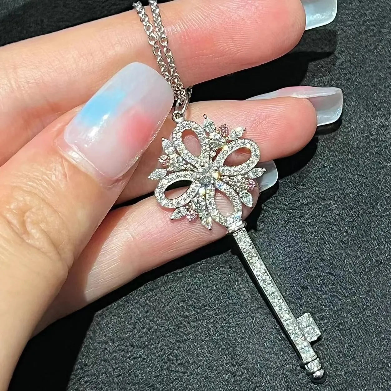 Golden Snowflake Key Pendant Necklace Female Hollow Clover Diamond Set Chain Sweater Chain