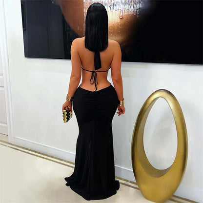 Sexy Halter Backless Mermaid Evening Dresses Woman Nightclub Prom Celebrity Metal Ring Bandage High Split Party Long Dress Robes