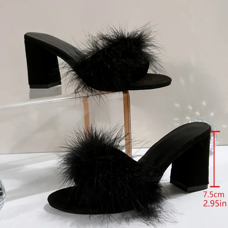 2025 New Fashion Slippers Women's Summer New Open Toe Plush Fox Fur Sexy Home Banquet Square Toe High Heels