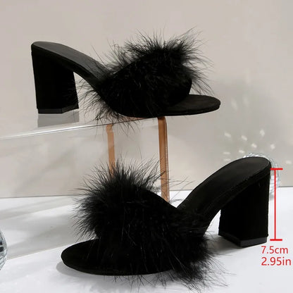 2025 New Fashion Slippers Women's Summer New Open Toe Plush Fox Fur Sexy Home Banquet Square Toe High Heels