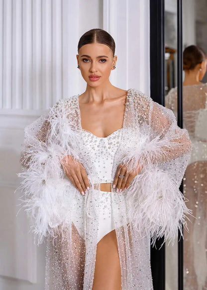 New Arrival Women Nightgown Pajamas Pearls Feathers Sequins Long Sleeve Bridal Wedding Bathrobe for Photography Customized