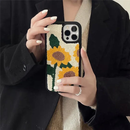 Fuzzy Cactus Embroidery Case for IPhone 16 Pro Max/15 14/13/XS/12/11 Sunflower Plush Shockproof Cover Unique Style for Men Women