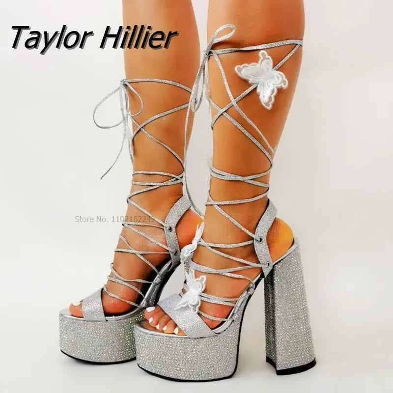 Platform Crystal Chunky Heels Sandals With Bow Cross-Strap Bling Elegant Glitter Silver Sandals Women Summer Butterfly Shoes