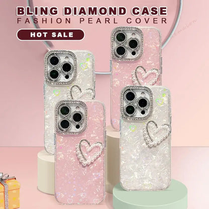 Bling Glitter Heart 3D Phone Case for iPhone 13 15 16 12 14 11 Pro Max Plus 16Pro Max Case Diamond Chain Pearl Protector Cover