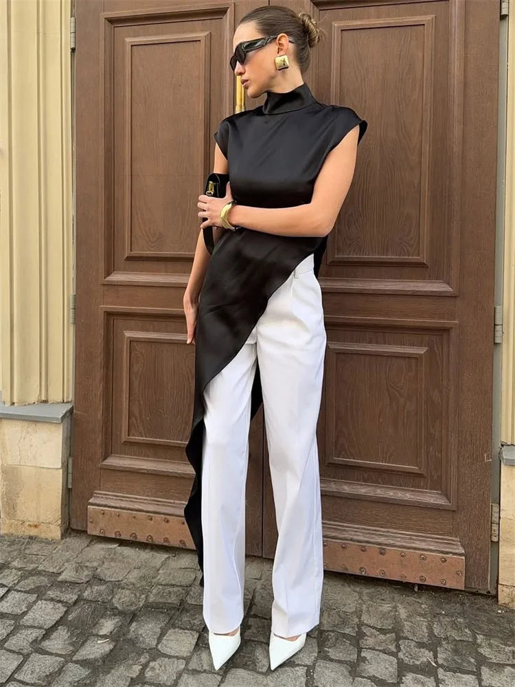 Tossy Casual Sleeveless Satin Maxi Dress Female Turtleneck Patchwork Slim Fashion Solid Commute Dress For Women Long Dress 2025