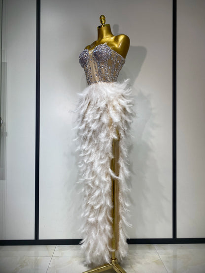 Women Sexy Sparkly Rhinestone Feather Mesh Long Dress Elegant Evening Party Celebrate Luxury Birthday Singer Stage Costume
