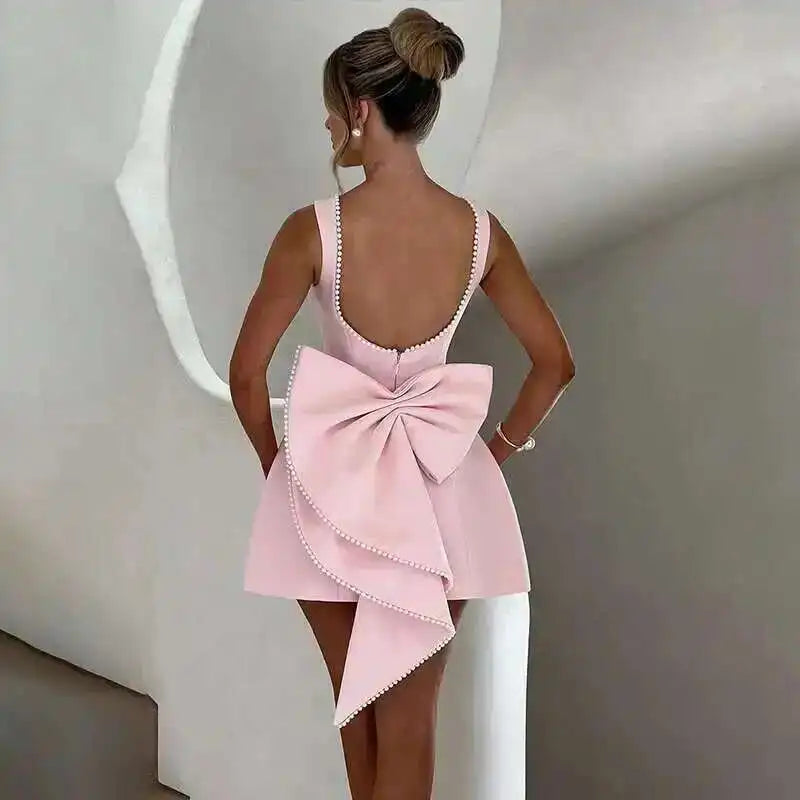 Townlike Bow Pearl Backless Sexy Party Dress Women Mini 2024 Summer Dress Elegant Waist Wrap A-line Dresses Vestidos