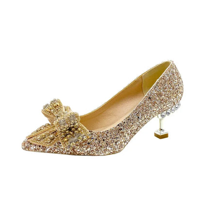 New  Women's Rhinestone Wedding Shoes Year Shoes Luxury Buckle Decorative Banquet Women's Shoes High Heels Gold Silver Red