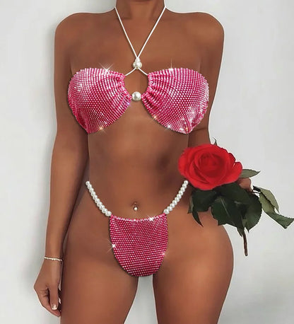 Sparkling Rhinestone Triangle Bikini Set Sexy Pearl Diamond Mesh Swimsuit Hollow Out Halter Bandage Women Swimwear Bathing Suit