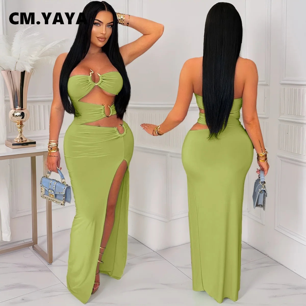 CM.YAYA 2025 Summer Elegant Sleeveless Floor-Length Long Women Dress Hollow Out Birthday Night Party Evening Sexy Split Dresses