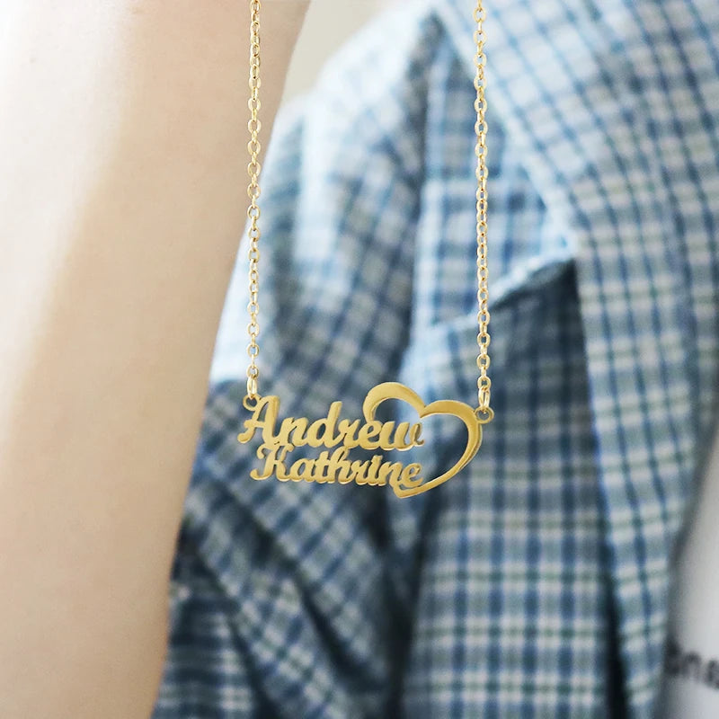 Personalized Two Name Necklaces With Heart Stainless Steel Custom Letter Couple Necklace Choker  Stainless Steel Wedding Gift