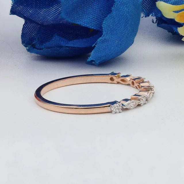 Star Dust Marquise Round Diamond Band Ring Real Diamond Stackable Ring Solid Gold Marquise Wedding Band 14k Gold Eternity Ring