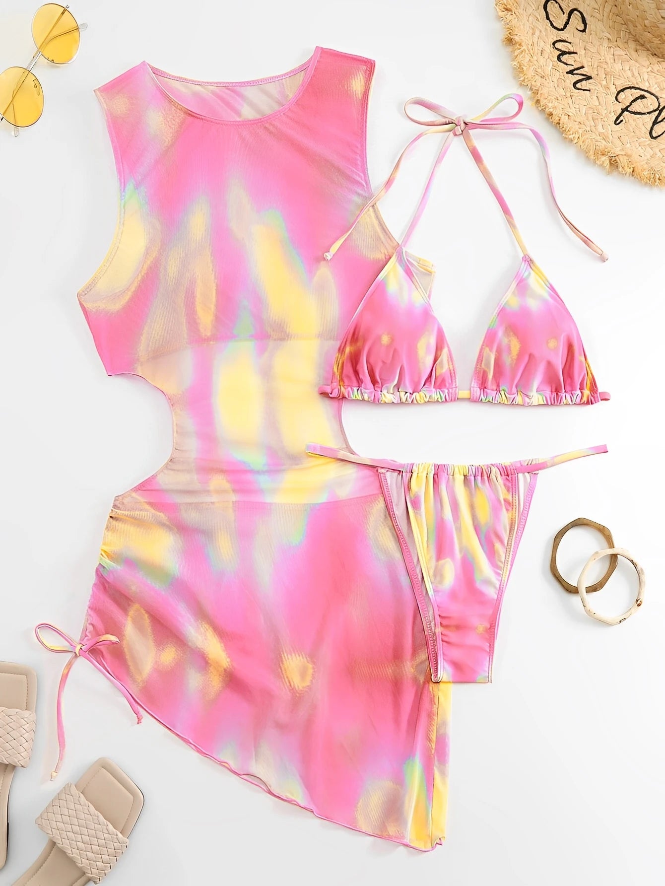 3 Pieces Tie Dye Bikini 2025 Women & Drawstring Cutout Cover Up Dress Swimsuit Sexy Swimwear Female Bathing Swimming Swim Suit