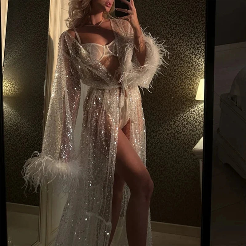 Women Bride's Wedding Morning Luxury Bridal Robe Dress Coquette Transparent Shiny Robe Maxi Dresses for Ladies Club Party