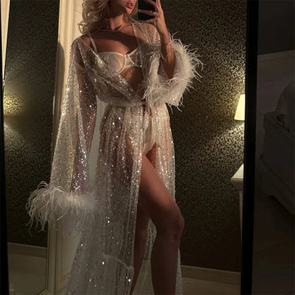 Women Bride's Wedding Morning Luxury Bridal Robe Dress Coquette Transparent Shiny Robe Maxi Dresses for Ladies Club Party