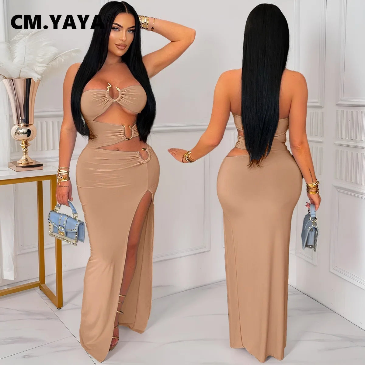 CM.YAYA 2025 Summer Elegant Sleeveless Floor-Length Long Women Dress Hollow Out Birthday Night Party Evening Sexy Split Dresses