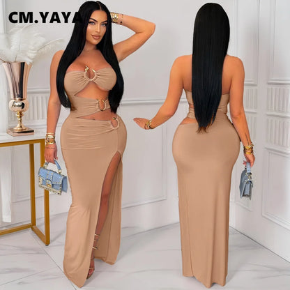 CM.YAYA 2025 Summer Elegant Sleeveless Floor-Length Long Women Dress Hollow Out Birthday Night Party Evening Sexy Split Dresses