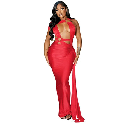 DS164 Style Hollow out Belted Wrap Dress Spring Summer Women's Cross-Border Fashion round Ring Design Ankle-Length Gown