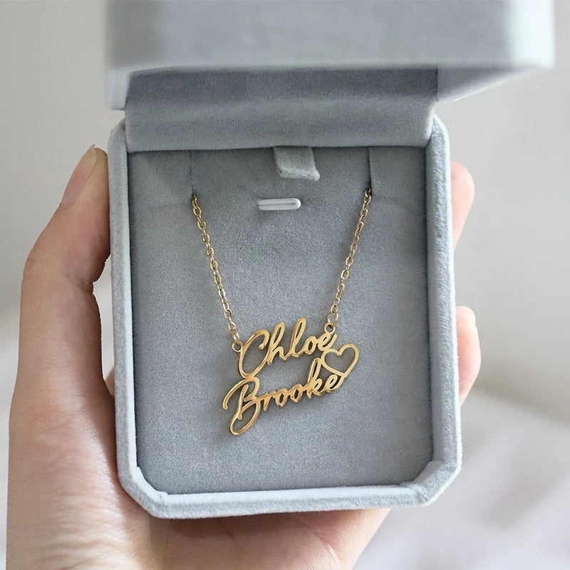 Personalized Two Name Necklaces With Heart Stainless Steel Custom Letter Couple Necklace Choker  Stainless Steel Wedding Gift