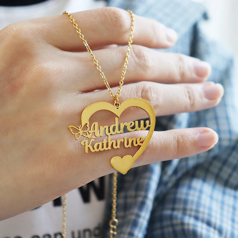 Personalized Two Name Necklaces With Heart Stainless Steel Custom Letter Couple Necklace Choker  Stainless Steel Wedding Gift