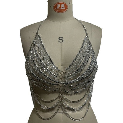 Metal Chain Openwork Top For Women Sexy Hot Girl Halter Neck Beaded Tank Top Nightclub Style Open Back Design Beach Battle Dress
