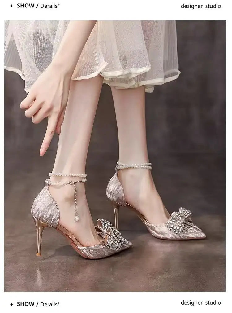 Crystal high-end feel, water diamond bow one-button high heels, women's pointed toe thin heels, silver wedding shoes