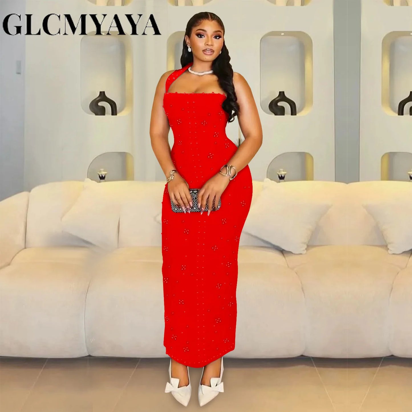 GLCMYAYA Women Diamonds Beading Halter Neck Bodycon Midi Maxi Long Dress 2025 Vacation Street Sexy Party Vestidos Dresses