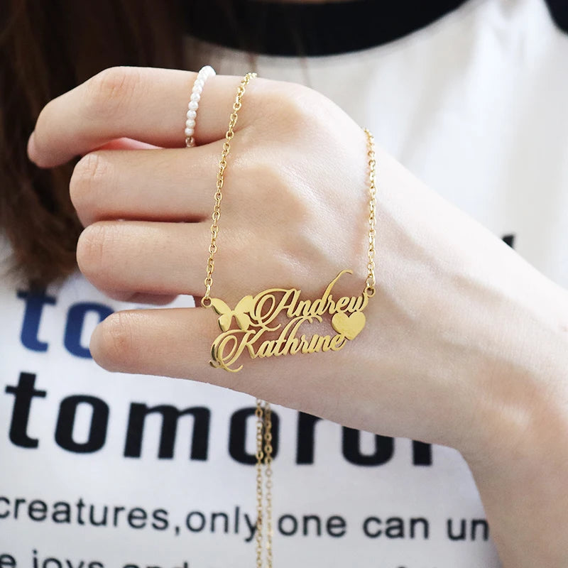 Personalized Two Name Necklaces With Heart Stainless Steel Custom Letter Couple Necklace Choker  Stainless Steel Wedding Gift