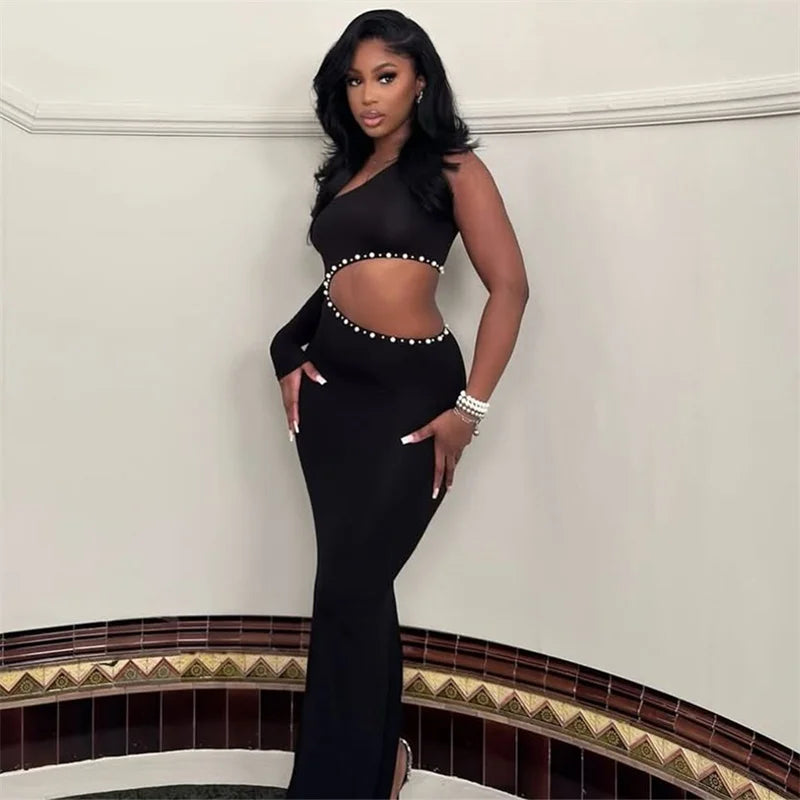 Sexy Hollow Out Black Bodycon Maxi Dress Women Birthday Nightclub Pearls Diamonds One Sleeve Prom Party Long Dresses Vestidos