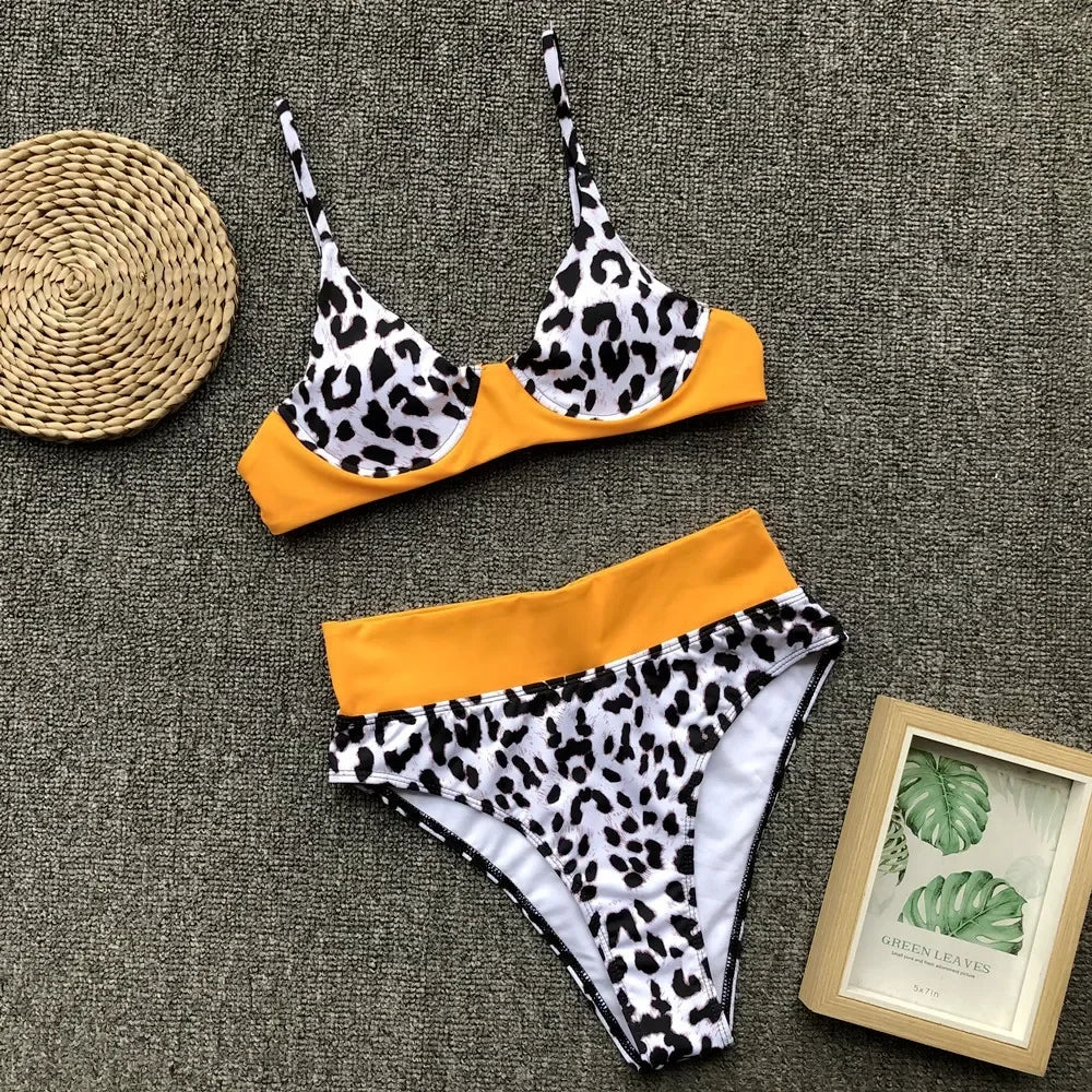 2025 Sexy Bikini Women Swimwear Swimsuit Push Up Leopard Patchwork High Waist Bikinis Set Bathing Suit Beach Bikini Taille Haute