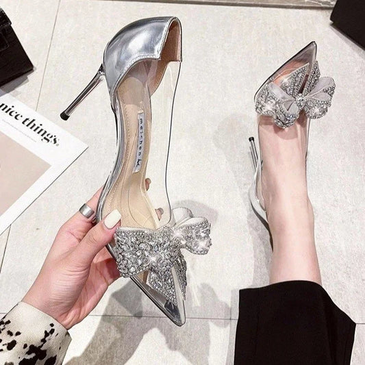 Spring New Pointed Toe High Heel Sexy Transparent Slow Water Diamond  Knot Faion ow Single oes Silver Weddi...