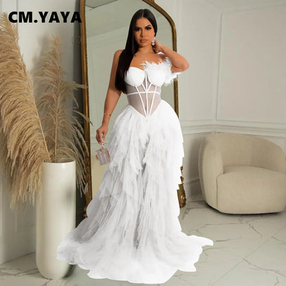 CM.YAYA Women Tierred Mesh See Though Off Shoulder Sweetheart Collar Maxi Long Floor Length Dress Evening Sexy Party Dresses