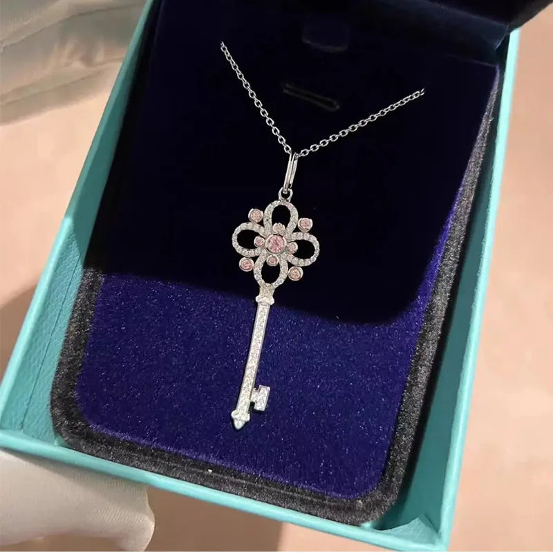 Golden Snowflake Key Pendant Necklace Female Hollow Clover Diamond Set Chain Sweater Chain