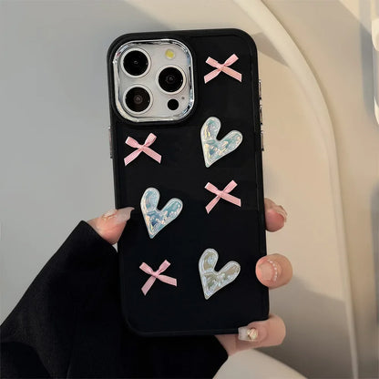 3D Pink Love Heart Bow Phone Case for IPhone17 16 15 14 12 13 11 Pro ProMax Mini Plus X XR Shockproof Phone Cover