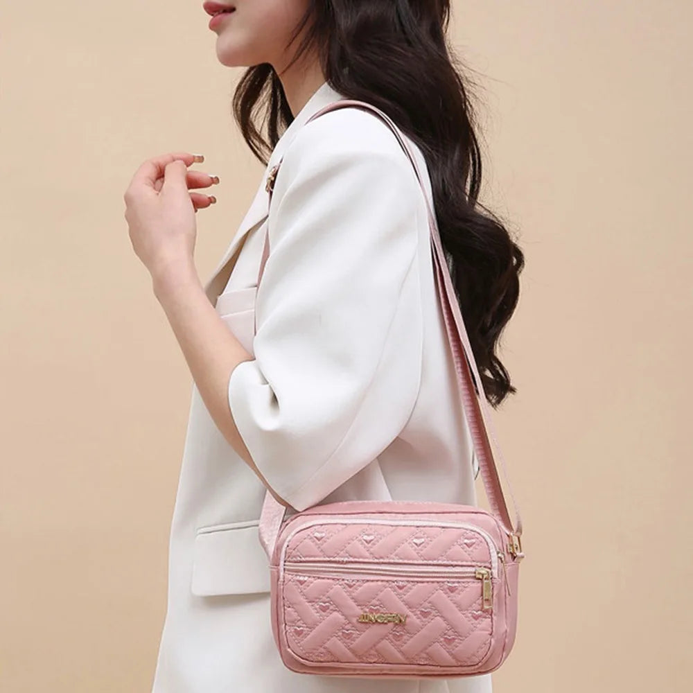 Large Capacity Embroidered Crossbody Bag Love Heart Pattern Elegant Middle Aged Shoulder Bag Lattice Casual Woman Messenger Bag.