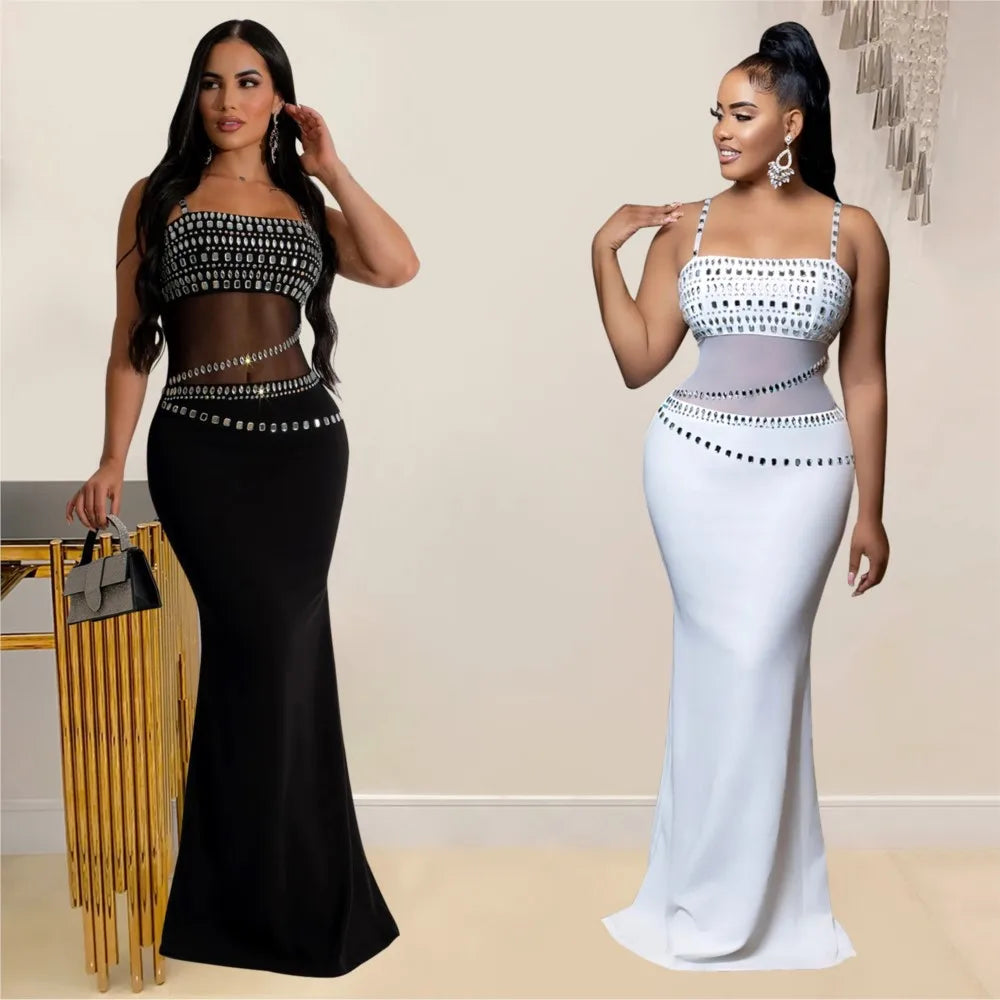 Fashion Women's Hot Diamond Mesh Dresses Summer New Sexy Transparent Lace Party Elegant Female Maxi Dress 2025