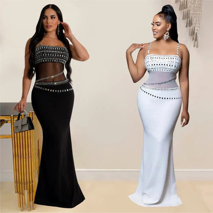 Fashion Women's Hot Diamond Mesh Dresses Summer New Sexy Transparent Lace Party Elegant Female Maxi Dress 2025