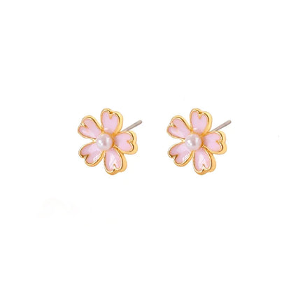 Sweet Pink Cherry Blossoms Sakura Flower Imitation Pearl Stud Earring for Woman Brincos Jewelry Orejeras Gift