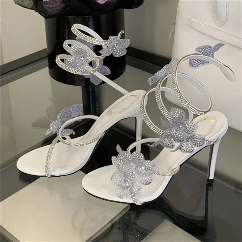 Aneikeh 2025 Summer Open Toe Ankle Strap Female Sandals Shoes Street Style CRYSTAL Narrow Band Thin High Heels Women Sandals