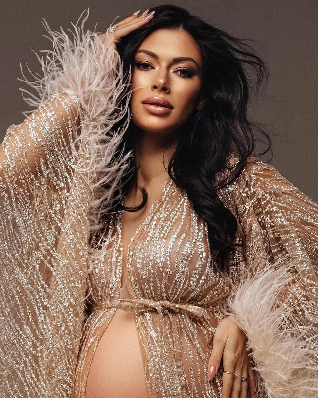 Sparkle Sequins Lace Maternity Dresses Photoshoot платье для беременных Feathers Maternity Robe Cape Pregnancy Dress Shoot Props