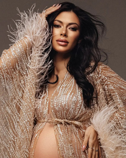 Sparkle Sequins Lace Maternity Dresses Photoshoot платье для беременных Feathers Maternity Robe Cape Pregnancy Dress Shoot Props