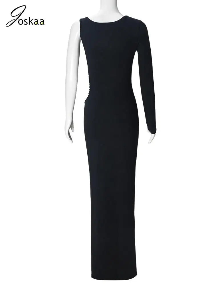 Joskaa Elegant Rhinestone Hollow Maxi Birthday Dress Woman Sexy O-Neck Single Sleeve Skinny Vestidos 2025 Evening Party Clubwear