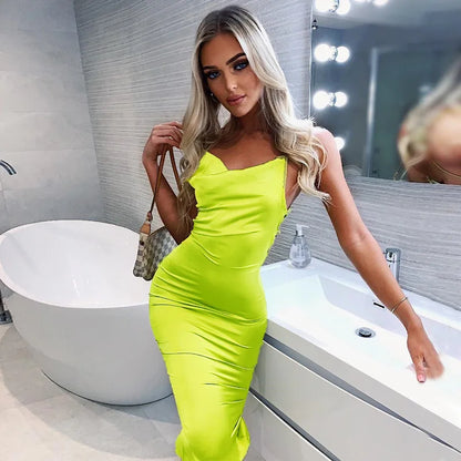 Neon Satin Lace Up Women's Long Midi Dress Light Pink Bodycon Backless Elegant Party Sexy Club Clothes 2022 Summer Dinner Outfit.