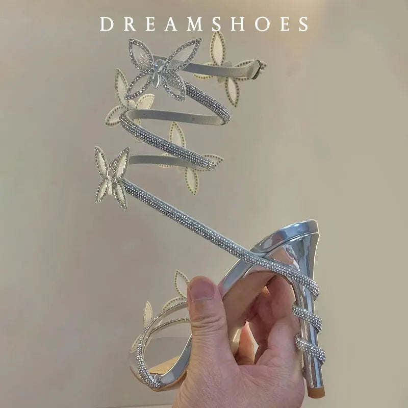 2025 Sexy CRYSTAL Flower Thin High Heels Women Sandals Street Style Narrow Band Ankle Strap Pole Dancing Ladies Shoes