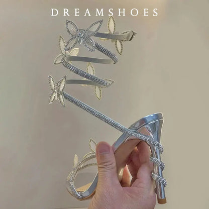 2025 Sexy CRYSTAL Flower Thin High Heels Women Sandals Street Style Narrow Band Ankle Strap Pole Dancing Ladies Shoes