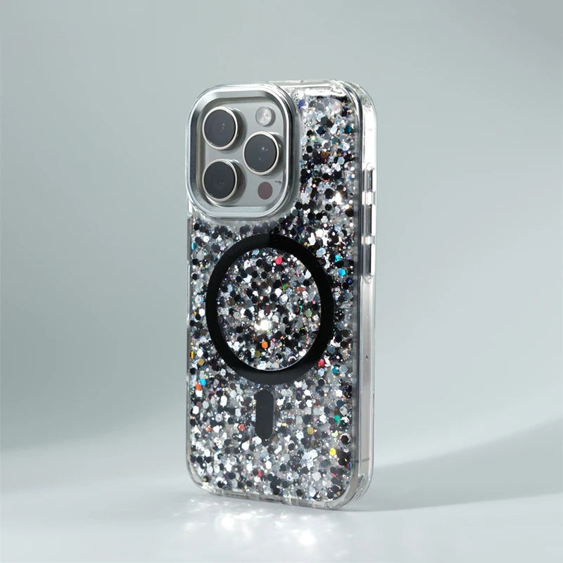 Trendy Glitter Foils Shockproof MagSafe Phone Case for iPhone 16 17pro max 14 15 Pro 13 12 Magnetic Wireless Charging Hard Cover