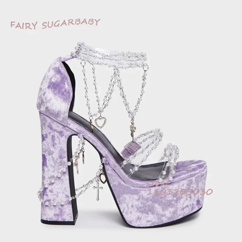 Lake Blue Suede Tassel Crystal Heels Girl Open Platform Pink Pvc Buckle Light Fringe Buckle String Pearls Shiny Dress Party Shoe