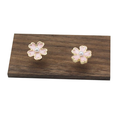 Sweet Pink Cherry Blossoms Sakura Flower Imitation Pearl Stud Earring for Woman Brincos Jewelry Orejeras Gift