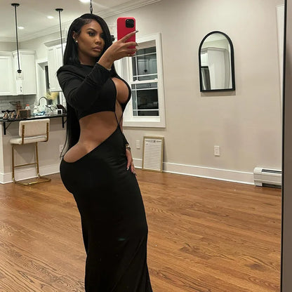 DSMTRC Hollow Out Womens Irregular Waistless Backless Sexy Coquette Dresses Full Sleeve Stretch Skinny Clubwear Hipster Vestidos