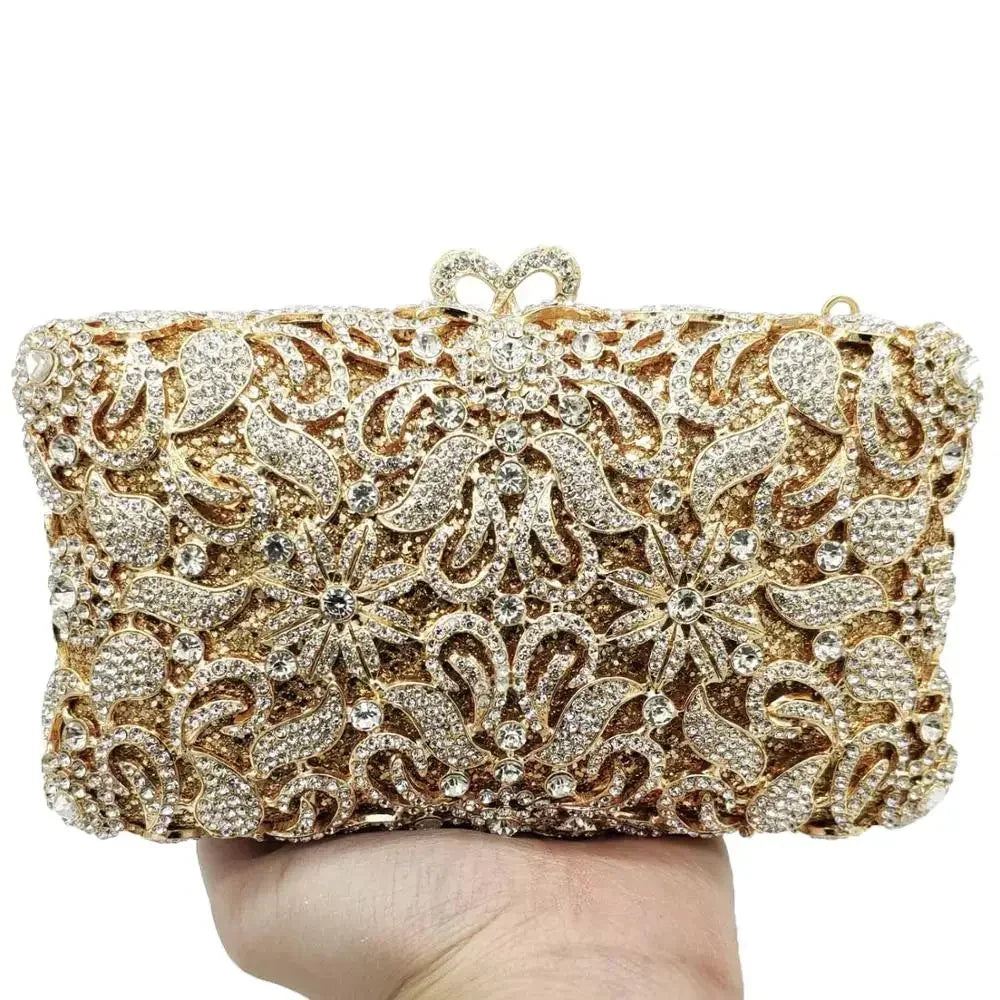 Boutique De FGG Handmade Flower Evening Bags and Clutches, Gold Rhinestone Clutch Purses and Handbags, Wedding Bridal CLutch Bag.